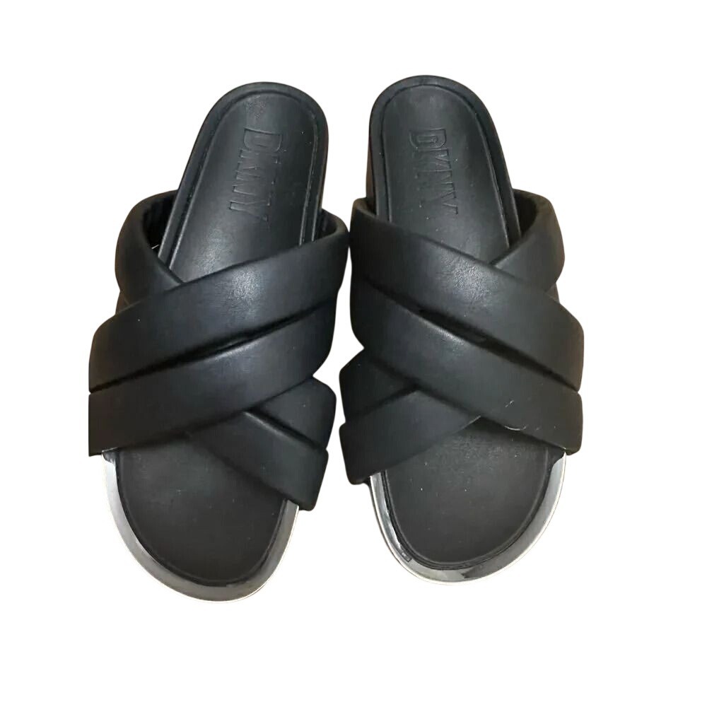 DKNY‎ Womens Black Criss Cross Puffy Platform Slide Sandals K1204649 Size 7.5M